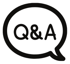 Black line icon of a speech bubble with Q&A written inside