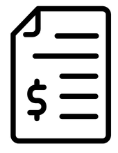 Black line icon of a bill with a dollar sign