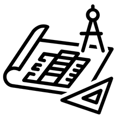 Black line icon of blueprints with design tools